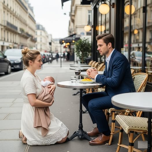 Kľakla si vedľa jeho stola na chodník a držala svoje dieťa. “Prosím, Nechcem tvoje peniaze—len chvíľku tvojho času.”Muž v obleku vzhliadol od svojho vína, netušiac, že jej slová rozbijú všetko, o čom si myslel, že vie.”