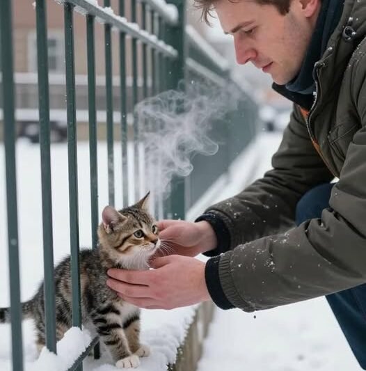 Zachránil jsem koťátko, které uvízlo v plotě — a o den později se před mými dveřmi objevilo něco, co mě úplně zaskočilo.
