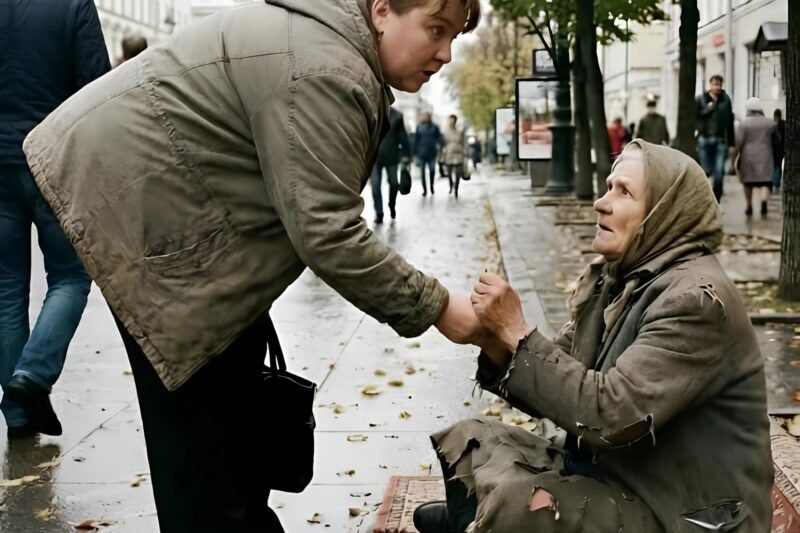 Žena nechávala starej žene každý deň nejaké drobné, ale jedného dňa, keď sa zohla, aby hodila mincu, starena ju chytila ​​za ruku: „Urobila si pre mňa toľko dobrého… dnes nechoď domov.“