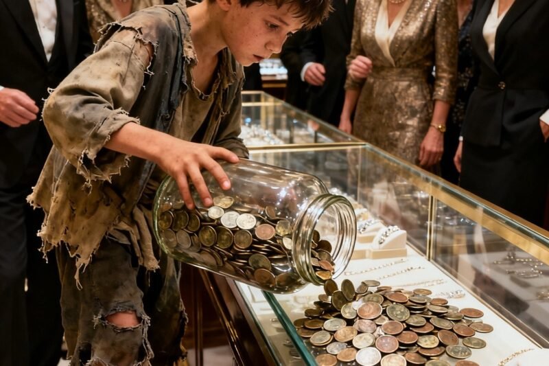 Otrhaný chlapec potichu vošiel do luxusného klenotníctva a na lesklé sklo nasypal tisíce studených mincí.